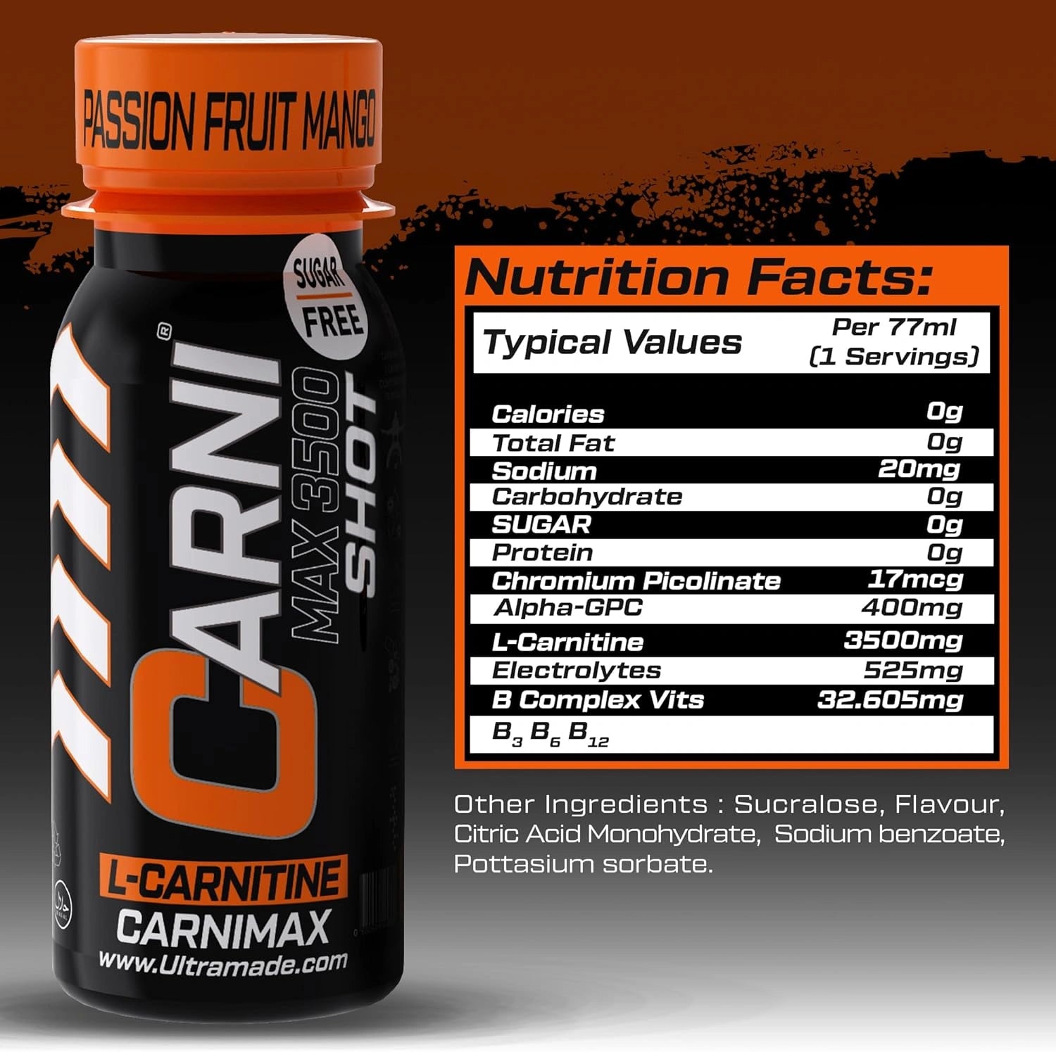 Carni Shot L-Carnitine Sugar-Free Passion Fruit Mango Pack of 12 - Ultramade