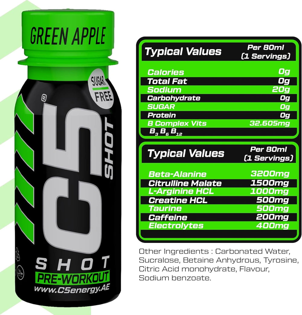C5 SHOT Pre-Workout Drink | 80ml Liquid Shot | 200mg Caffeine - Green Apple