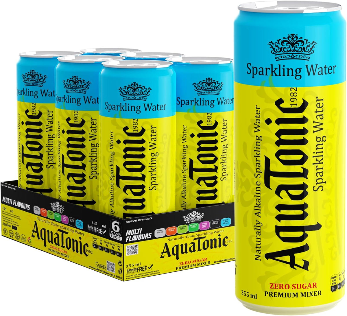 AquaTonic Sparkling Water Zero Sugar - Naturally Sparkling Water, Low Calorie Drink Mixer, 355ml Can - pack of 6 - Ultramade