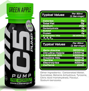 C5 PUMP Shot Pre-Workout, Caffeine-Free (Pack of 12,Green Apple)