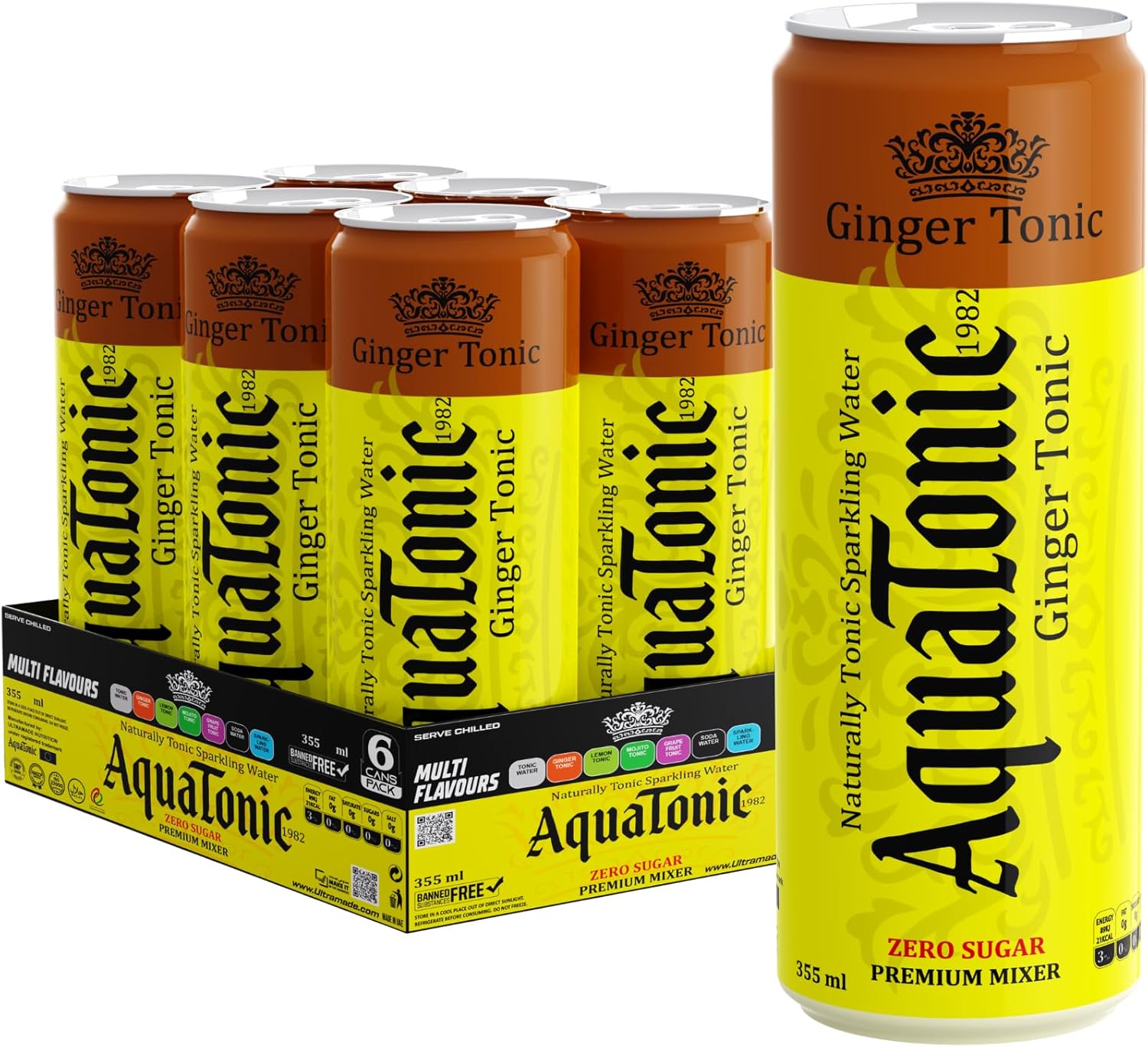 AquaTonic Naturally Alkaline Sparkling Water, Zero Sugar Premium Mixer, Multi Flavour Carbonated Beverage, 6 x 355ml Cans - pack of 6 (Pack of 6, Ginger)