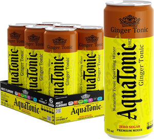 AquaTonic Naturally Alkaline Sparkling Water, Zero Sugar Premium Mixer, Multi Flavour Carbonated Beverage, 6 x 355ml Cans - pack of 6 (Pack of 6, Ginger)