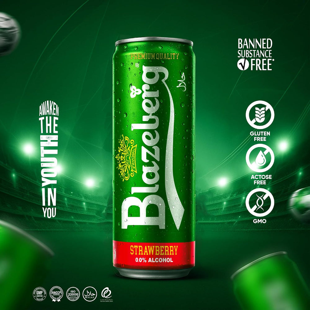 Blazeberg Strawberry Malt Flavour Drink, 0.0% Alcohol, Banned Substance Free, 355ml, Pack of 12