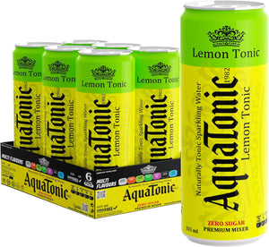 AquaTonic Naturally Alkaline Sparkling Water, Zero Sugar Premium Mixer, Multi Flavour Carbonated Beverage, 6 x 355ml Cans - pack of 6 (Pack of 6, Lemon)