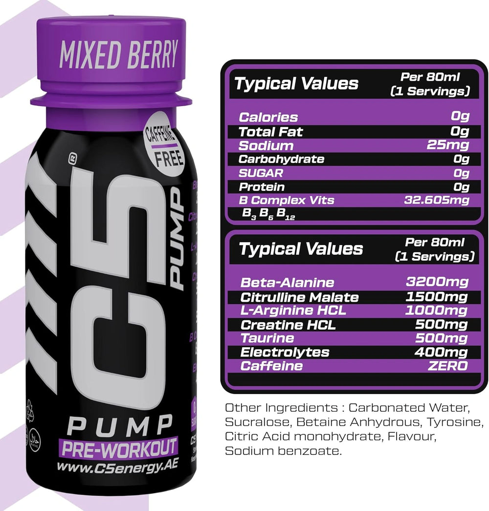 C5 PUMP Shot Pre-Workout, Caffeine-Free (Pack of 12, Mixed Berry)