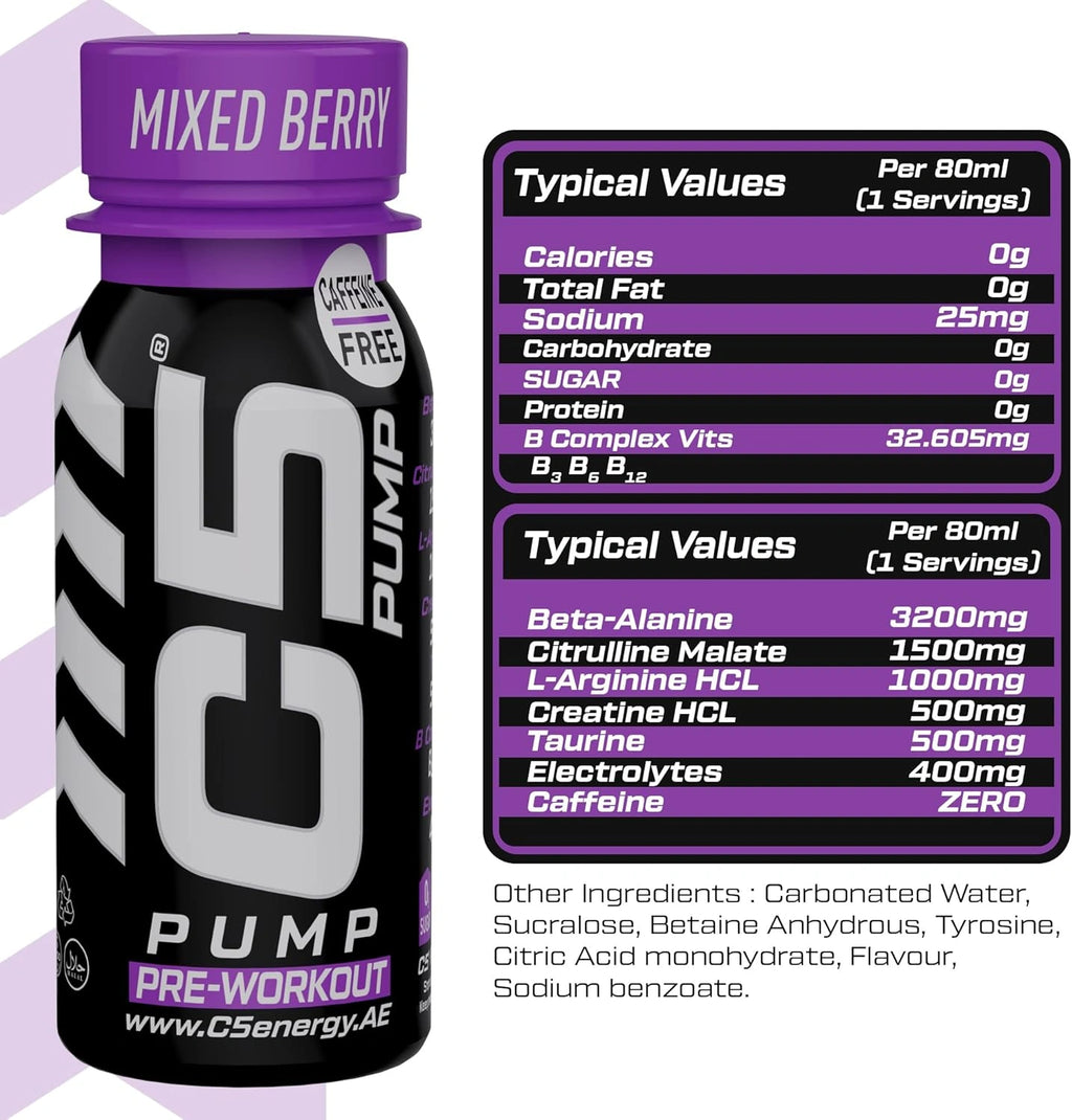 C5 PUMP Shot Pre-Workout, Caffeine-Free (Pack of 12, Mixed Berry) - Ultramade