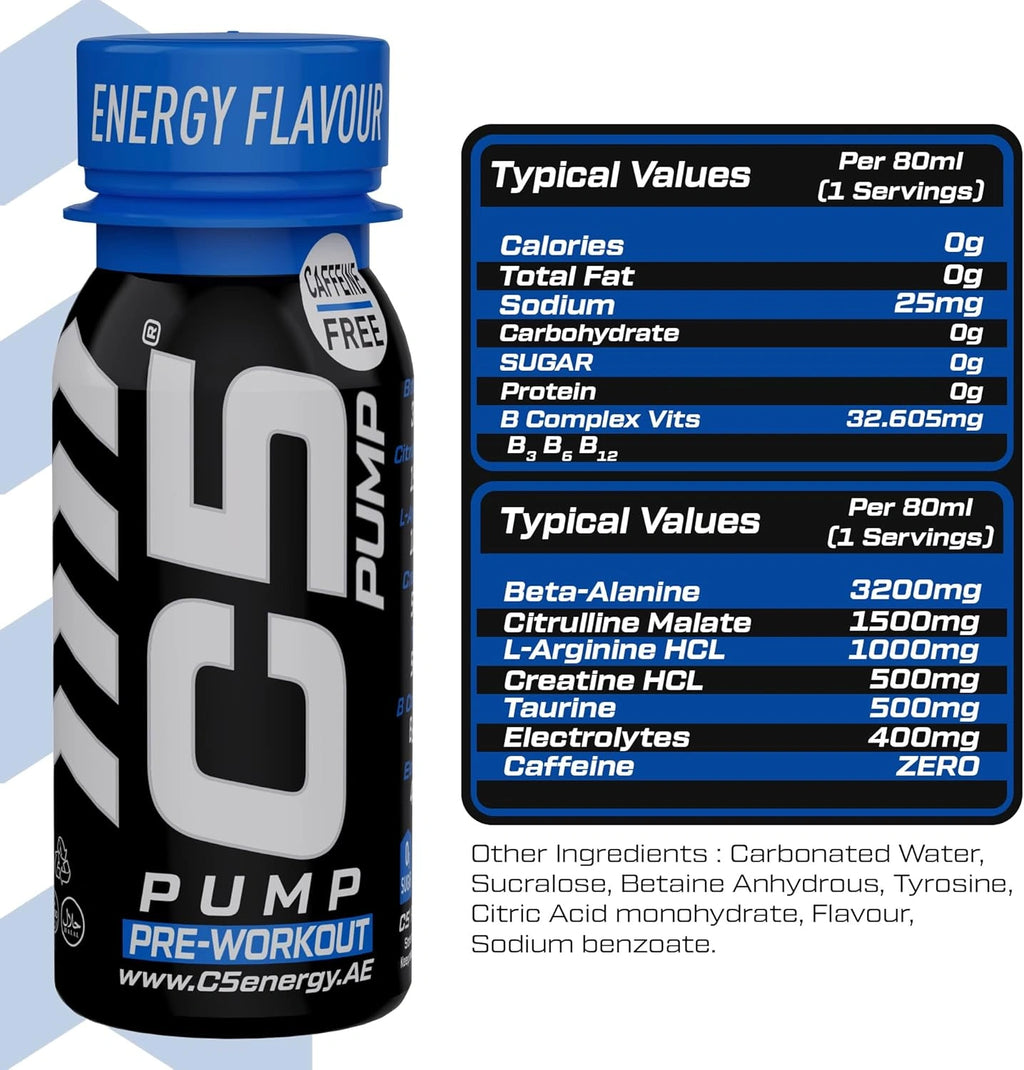 C5 PUMP Shot Pre-Workout, Caffeine-Free (Pack of 12, Energy Flavour) - Ultramade