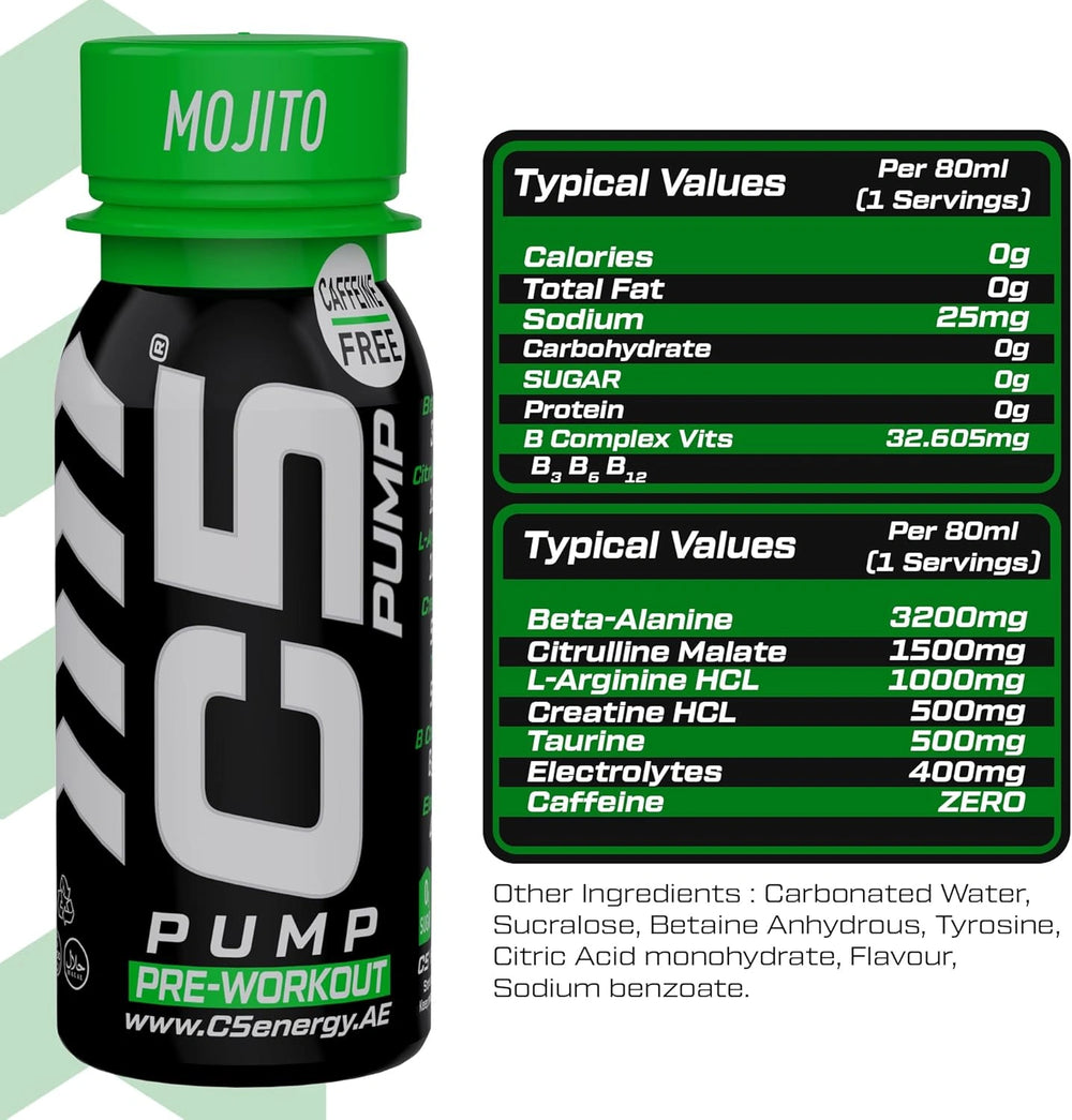 C5 PUMP Shot Pre-Workout, Caffeine-Free (Pack of 12, Mojito)