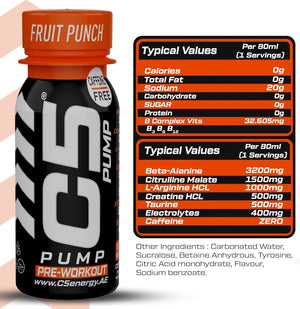 C5 PUMP Shot Pre-Workout, Caffeine-Free (Pack of 12, Fruit Punch)