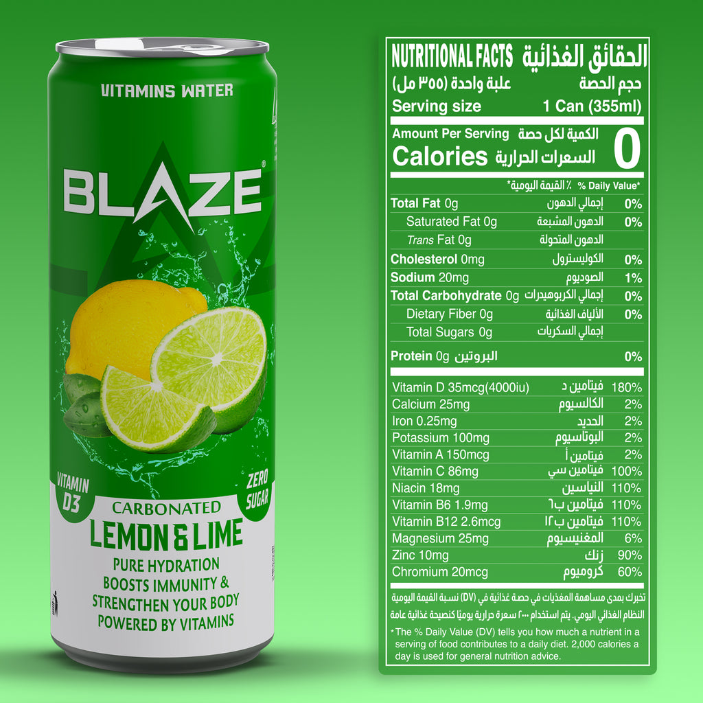 BLAZE Vitamin Water – Lemon & Lime – Zero Sugar, Vitamin D3 4000IU - Ultramade