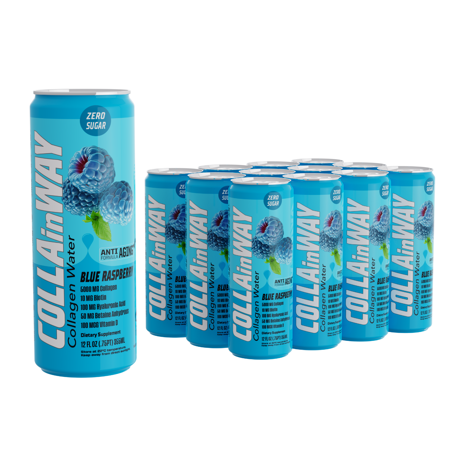 COLLAinWay Collagen 5000mg - Zero Sugar,10mg Biotin, 100mg Hyaluronic Acid, 150mg L-Glutathione, 100mcg, L-Carnitine, 0.5g, Vitamin D, Calcium- Anti-Aging Hydrating (Pack of 12, Blue Raspberry)