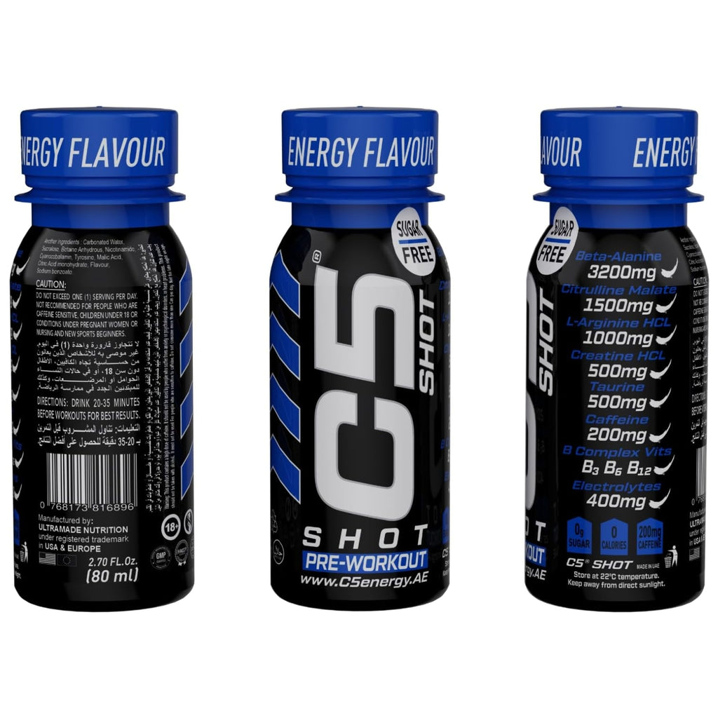 C5 SHOT Pre-Workout Drink | 80ml Liquid Energy Shot | 200mg Caffeine - Energy Flavour - Ultramade
