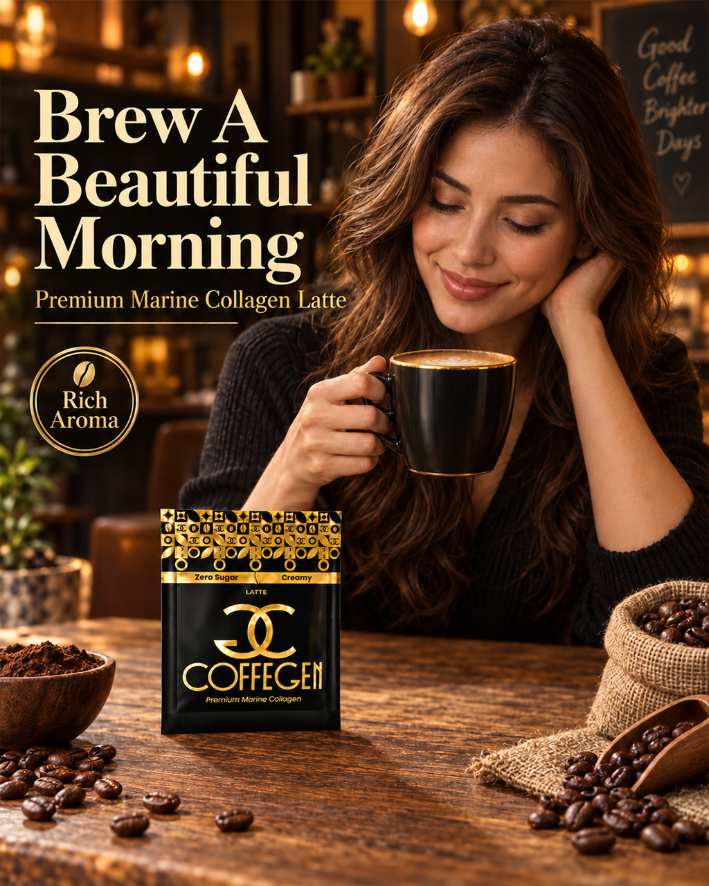 قهوة كولاجين بحري فاخرة CoffeGen لاتيه – 12 ظرفًا × 15 جم (عبوة من 12 قطعة)