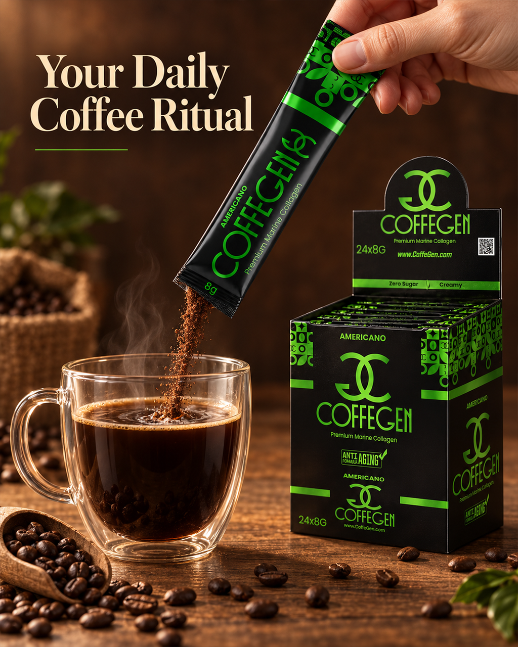 قهوة كولاجين بحري فاخرة CoffeGen أمريكانو مع Alpha-GPC – صندوق 12 ظرفًا × 8 جم (عبوة من 12 قطعة)
