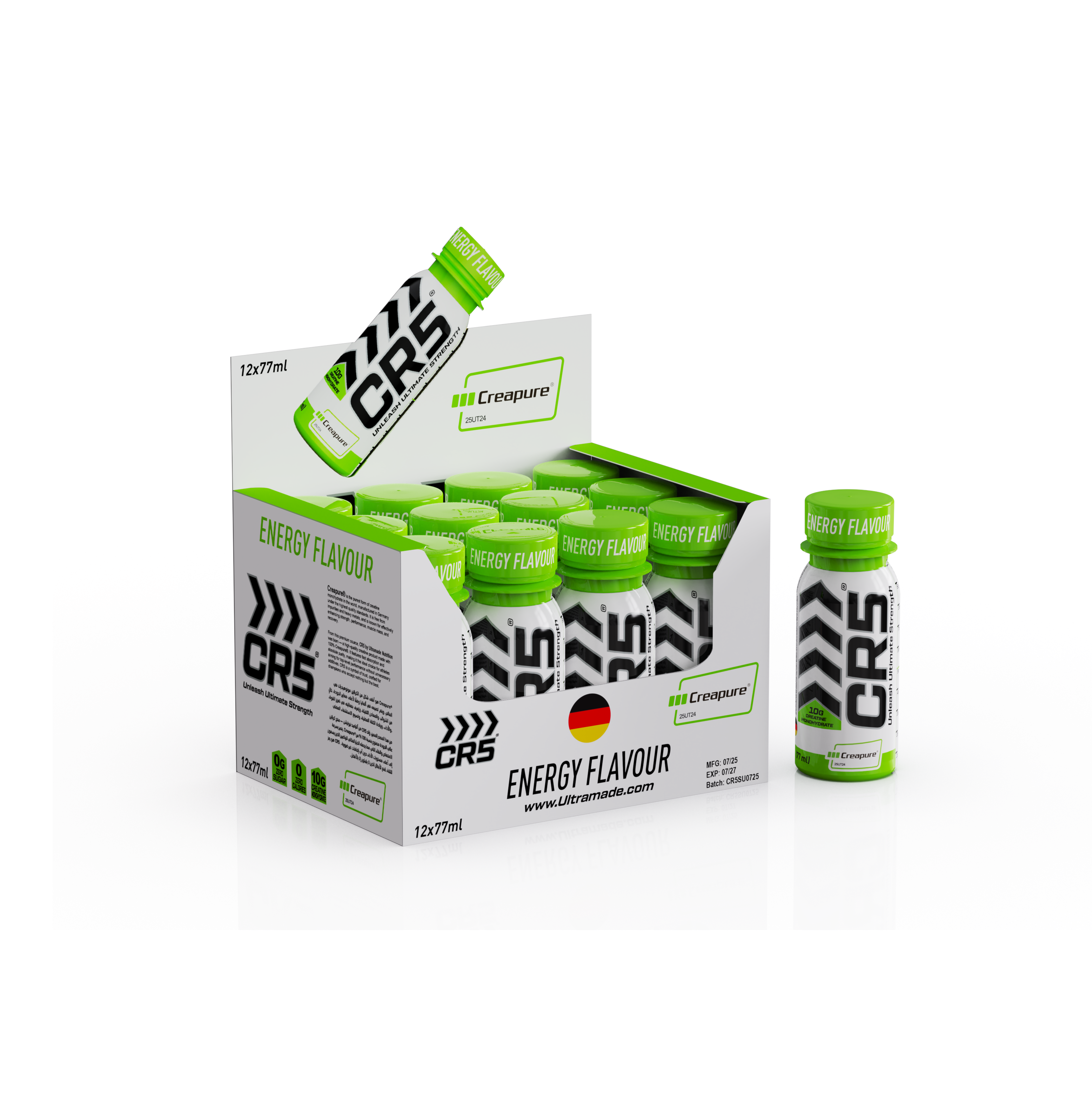 CR5® Shot Energy Flavour 77 ml – 100% Creapure® Creatine Monohydrate – Zero Sugar, Zero Calories – Pre & Post-Workout Strength & Recovery Supplement by Ultramade Nutrition