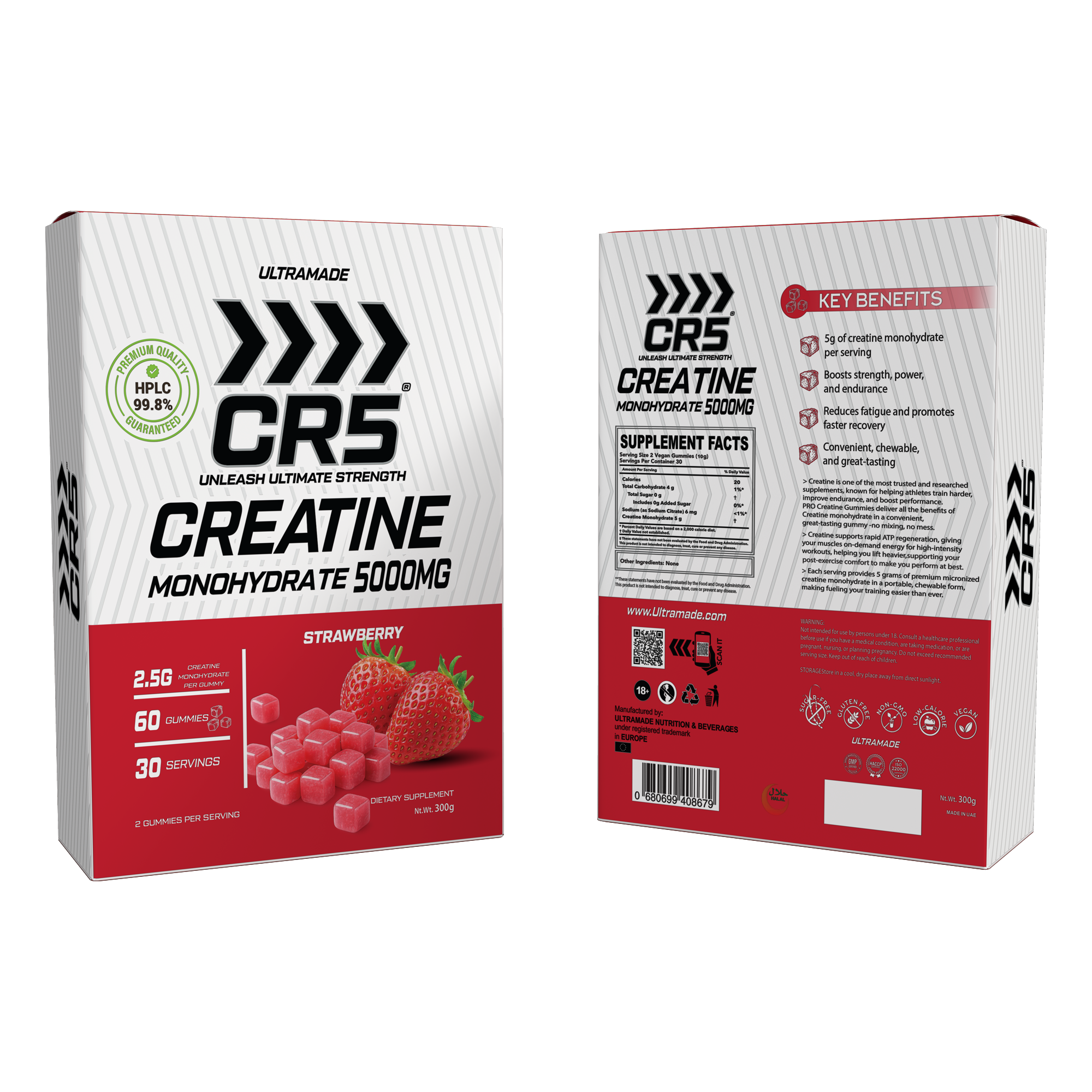 CR5 Creatine Gummies 5000mg – Strawberry Flavor – 5g Per Serving, 99.8% Purity, 60 Gummies (30 Servings) - Ultramade
