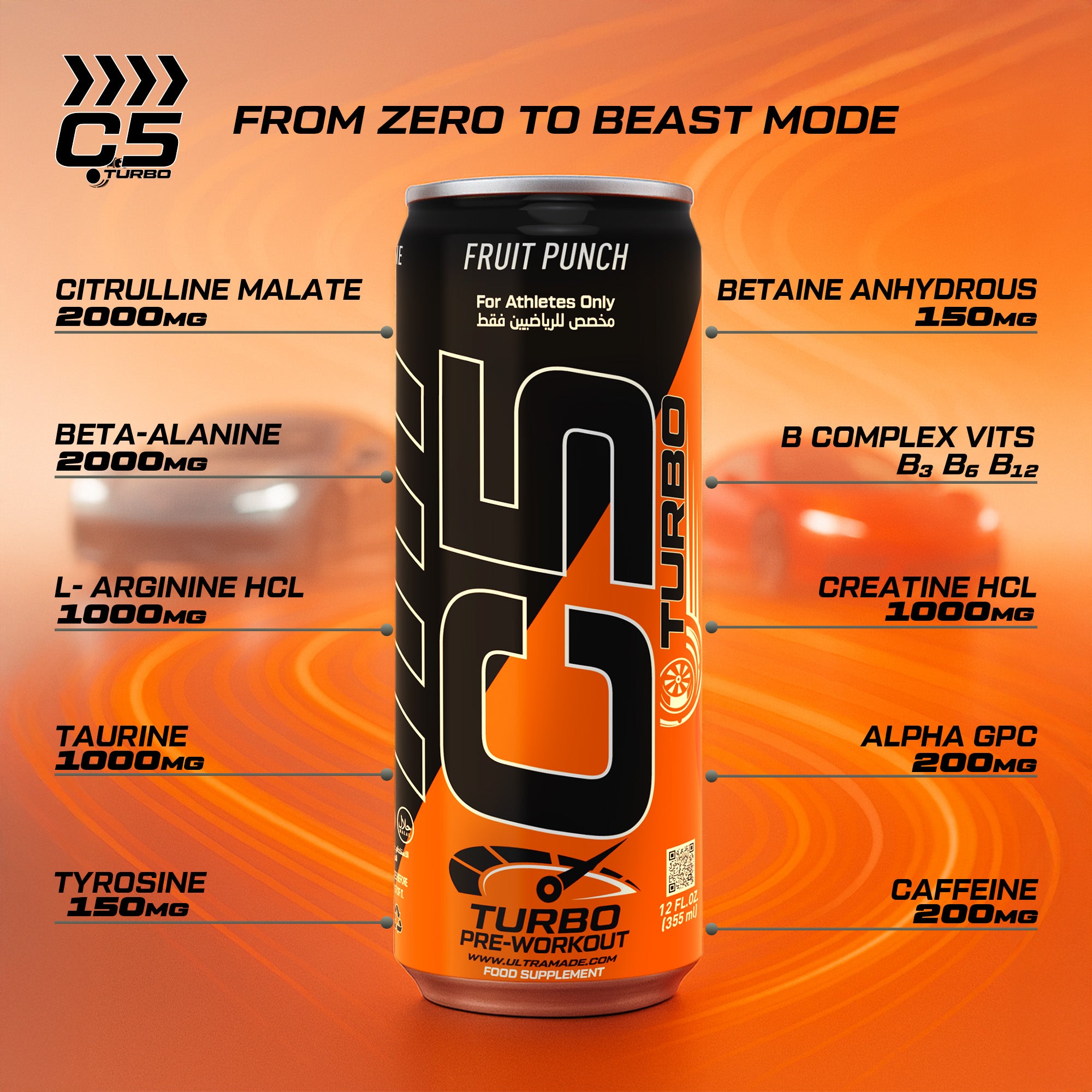 C5 Turbo Pre-Workout Drink – Fruit Punch – 355 ml | 200 mg Caffeine - Ultramade