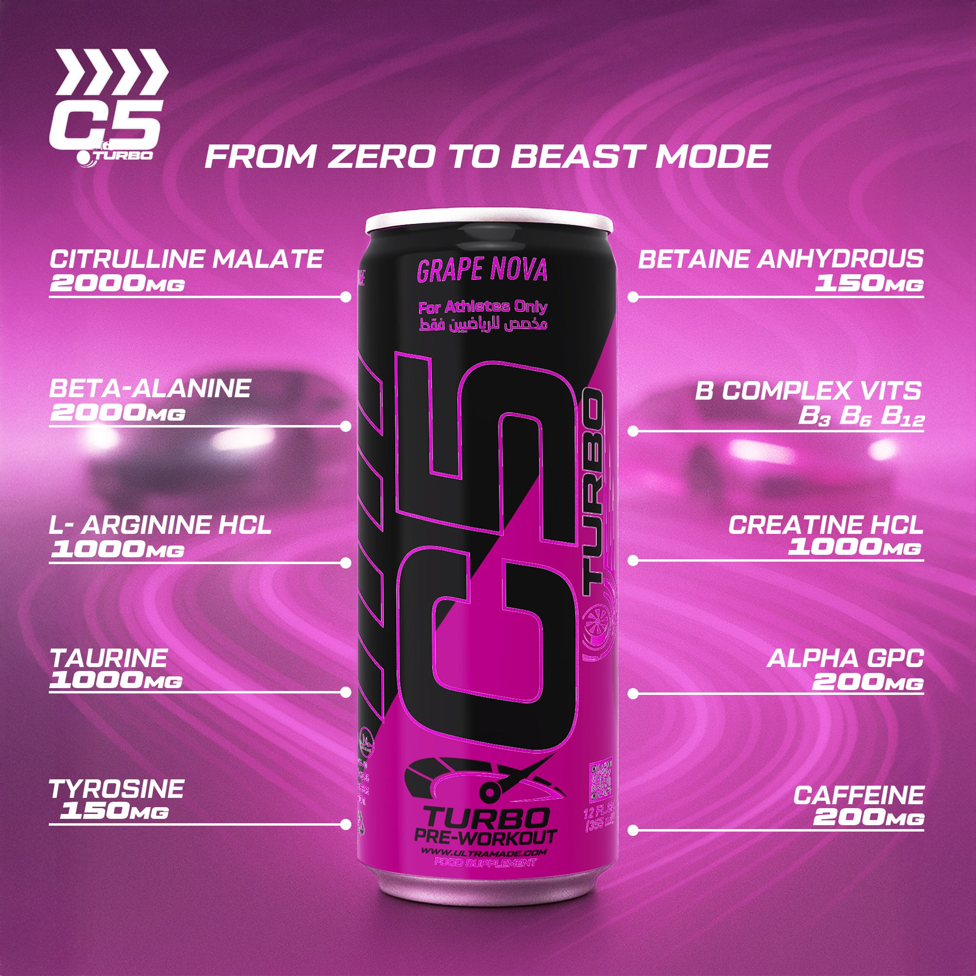 C5 Turbo Pre-Workout Drink – Grape Nova – 355 ml | 200 mg Caffeine - Ultramade
