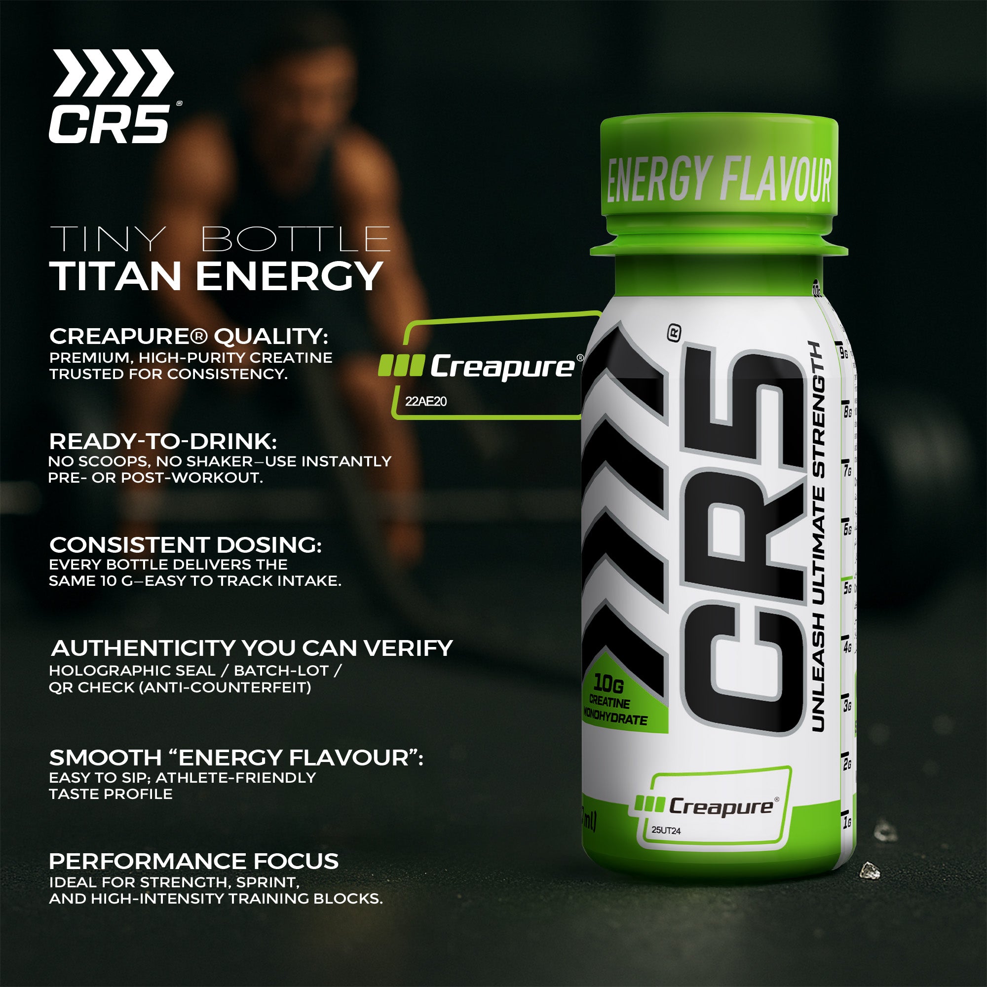 CR5® Shot Energy Flavour 77 ml – 100% Creapure® Creatine Monohydrate – Zero Sugar, Zero Calories – Pre & Post-Workout Strength & Recovery Supplement by Ultramade Nutrition - Ultramade
