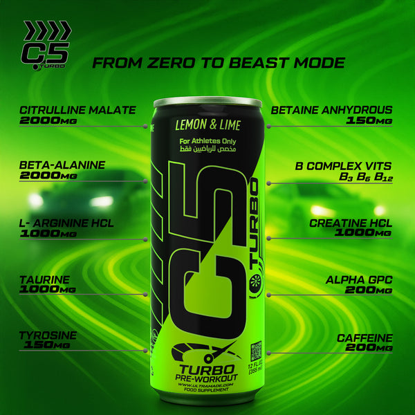C5 Turbo Pre-Workout Drink – Lemon & Lime – 355 ml | 200 mg Caffeine
