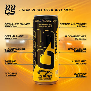 C5 Turbo Pre-Workout Drink – Passion Fruit Mango – 355 ml | 200 mg Caffeine