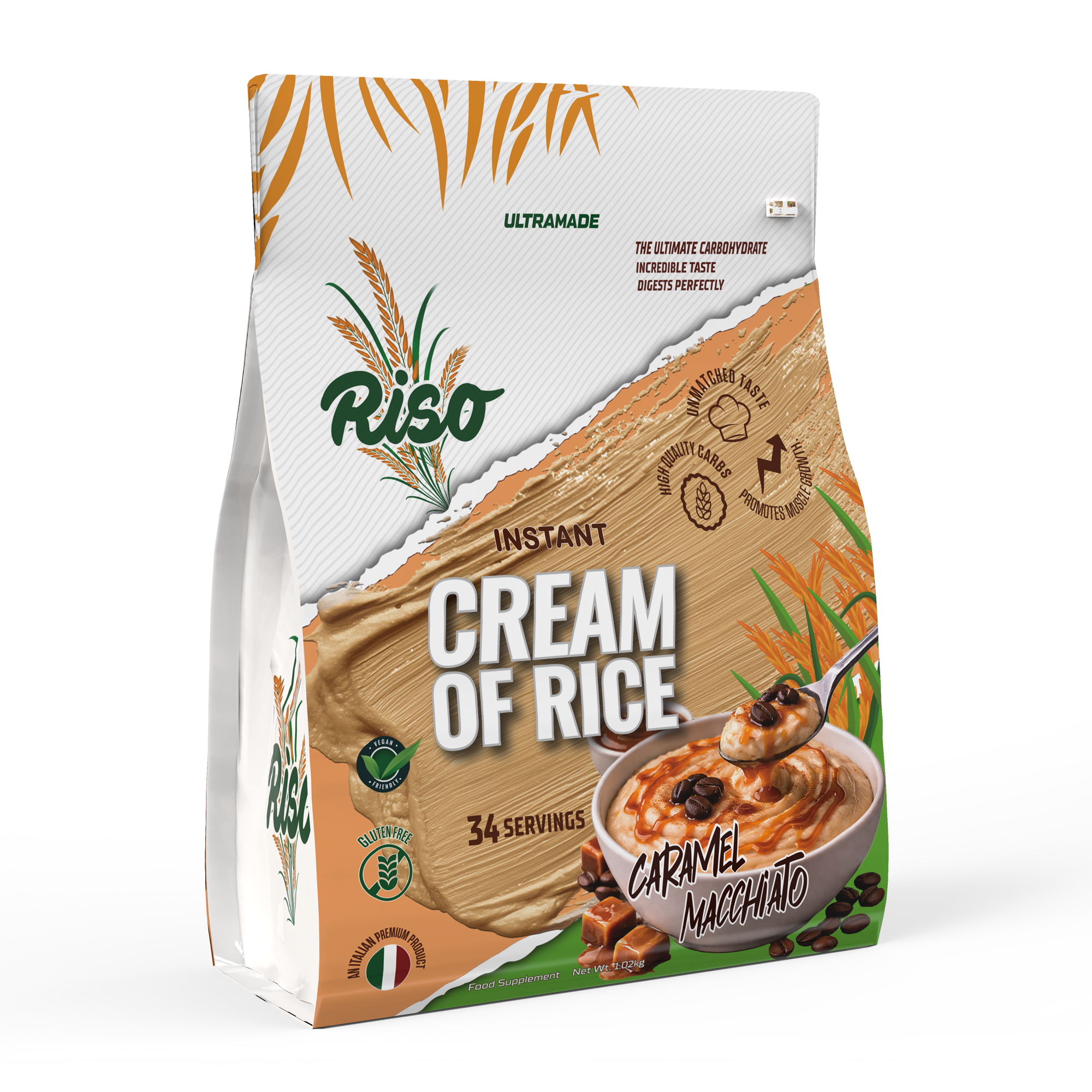 RISO Caramel Macchiato Instant Italian Cream of Rice, High Quality Carbohydrate Powder, Easy Digesting Muscle Growth Support, 1.02kg, 34 Servings
