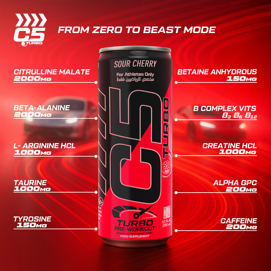 C5 Turbo Pre-Workout Drink – Sour Cherry – 355 ml | 200 mg Caffeine - Ultramade