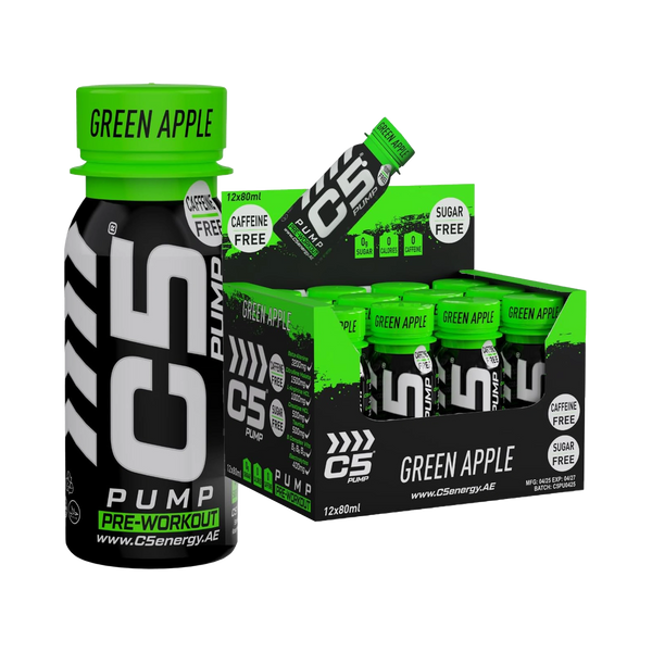 C5 PUMP Shot Pre-Workout, Caffeine-Free (Pack of 12,Green Apple)