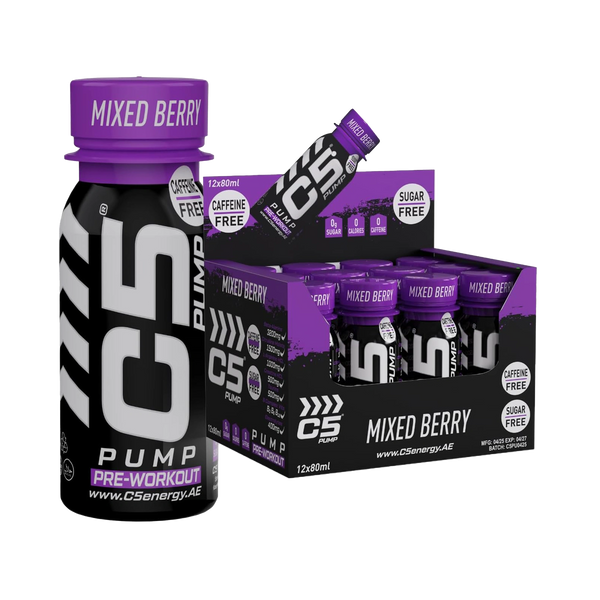 C5 PUMP Shot Pre-Workout, Caffeine-Free (Pack of 12, Mixed Berry)