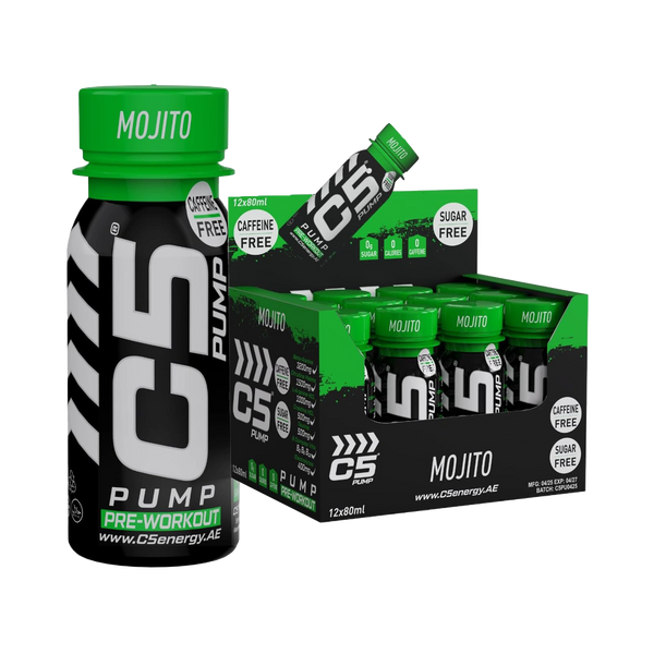 C5 PUMP Shot Pre-Workout, Caffeine-Free (Pack of 12, Mojito)