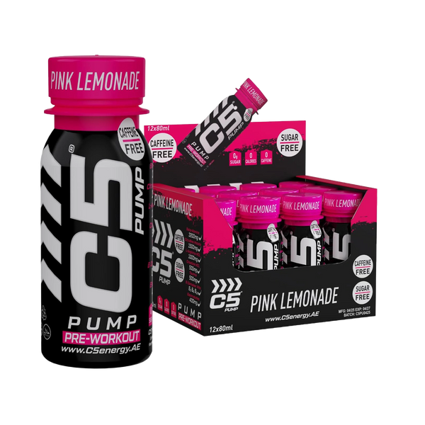 C5 PUMP Shot Pre-Workout, Caffeine-Free (Pack of 12, Pink Lemonade)