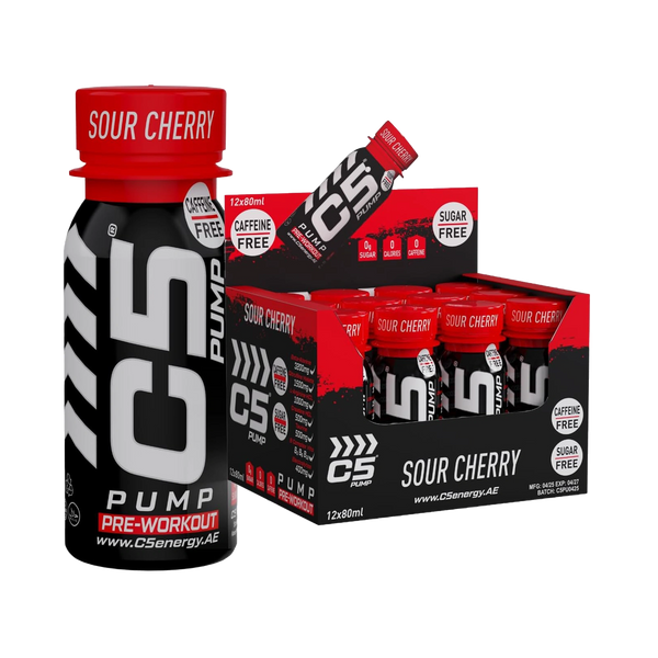 C5 PUMP Shot Pre-Workout, Caffeine-Free (Pack of 12, Sour Cherry)