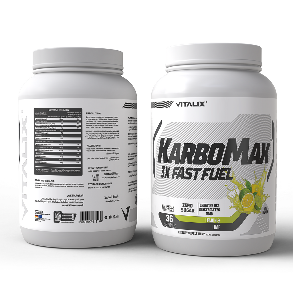 VITALIX KARBOMAX 3X FAST FUEL Lemon & Lime 1 kg - front and back packaging